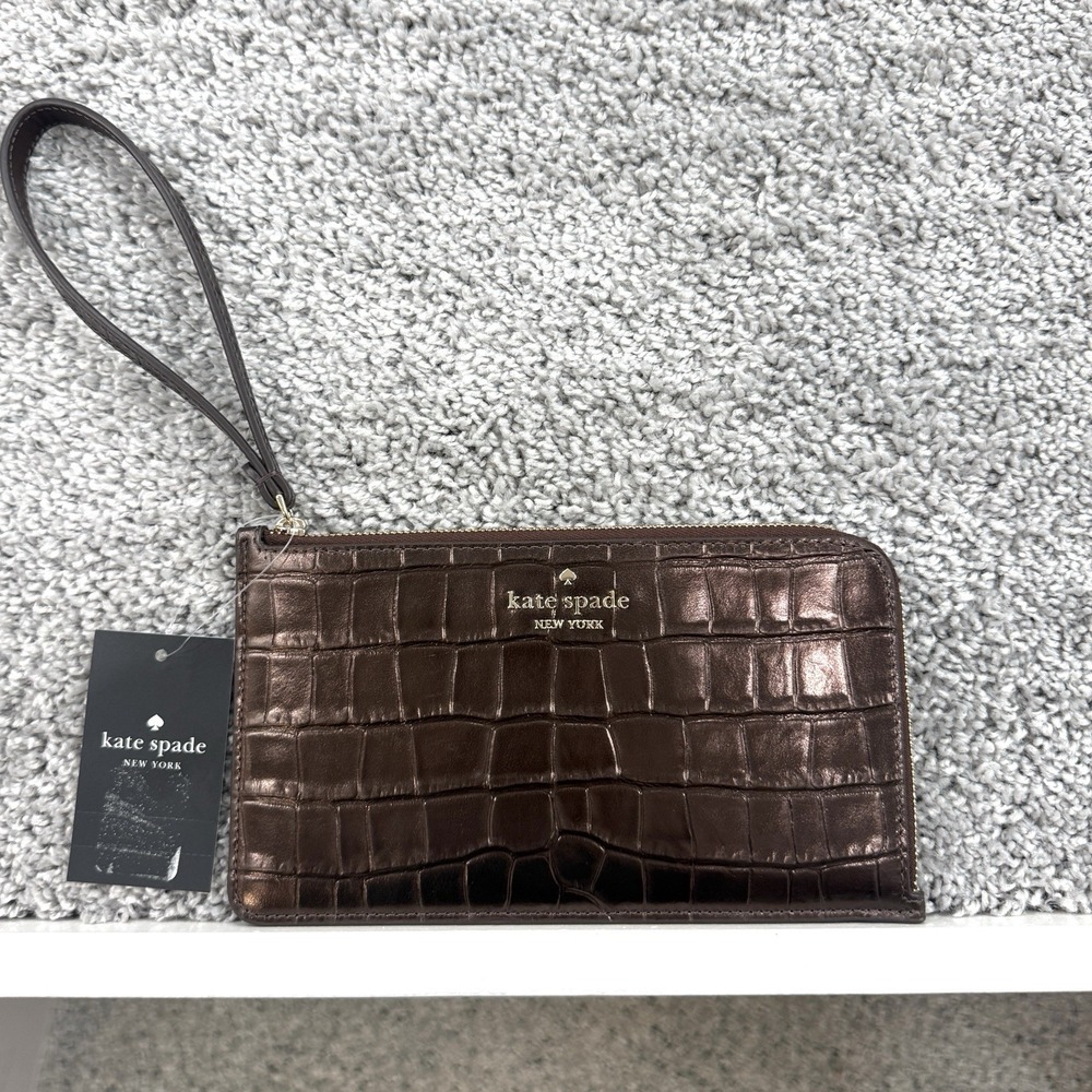 Kate Spade Lucy Croc Embossed Medium L Zip Wristlet NWT Brown Minimalist Chic